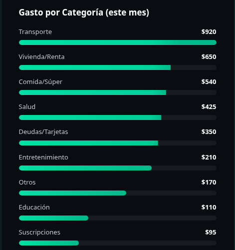 Gasto por categoría: transporte, vivienda, comida, salud, deudas, entretenimiento y más